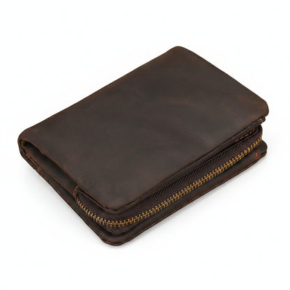 Crazy Horse Leather Bifold Wallet Men Zipper Coin Multi Card in brown leather with zipper feature and quality craftsmanship.