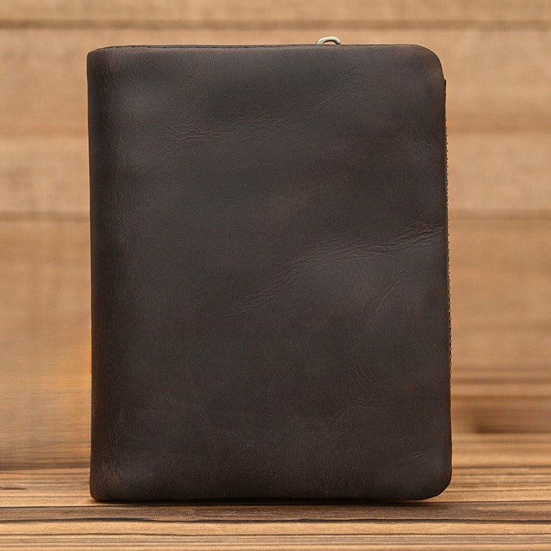Crazy Horse Leather Bifold Wallet Men Zipper Coin Multi Card in dark brown leather on wooden background.
