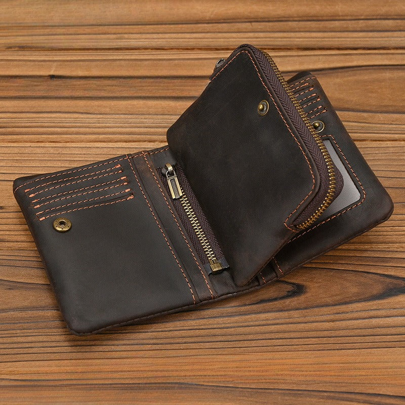 Crazy Horse Leather Bifold Wallet Men Zipper Coin Multi Card interior view showing card slots and zipper compartment