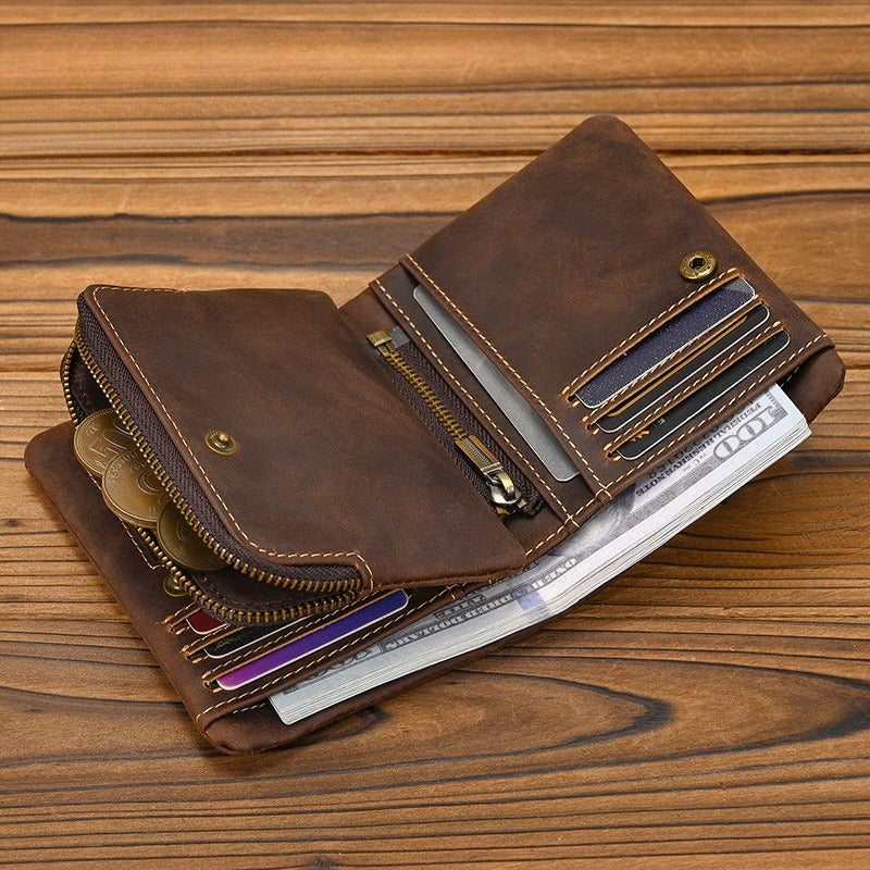 Crazy Horse Leather Bifold Wallet Men Zipper Coin Multi Card open showing card slots and zipper compartment.