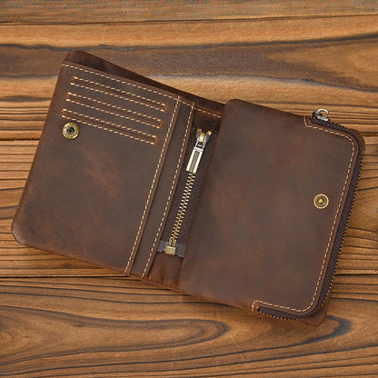 Open view of Crazy Horse Leather Bifold Wallet Men Zipper Coin Multi Card showcasing card slots and zipper compartment.