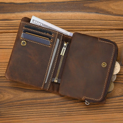 Crazy Horse Leather Bifold Wallet Men Zipper Coin Multi Card with compartments for cards and coins on wooden background.