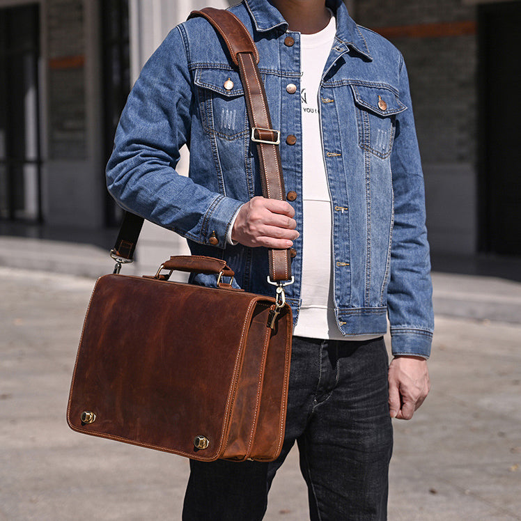 Vintage Leather Briefcase 15.4in Dual Compartment Bag For Men