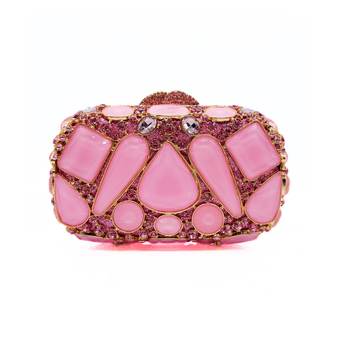 Rhinestone Evening Clutch Multi Color Jeweled Wedding Bag in pink and gold detailing.