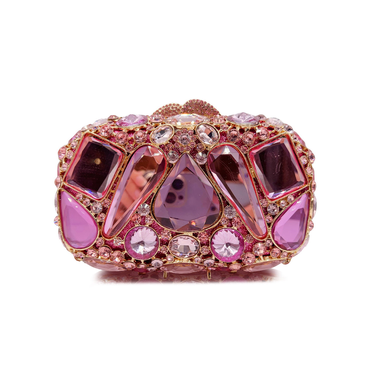 Rhinestone Evening Clutch Multi Color Jeweled Wedding Bag with pink rhinestones and gems.