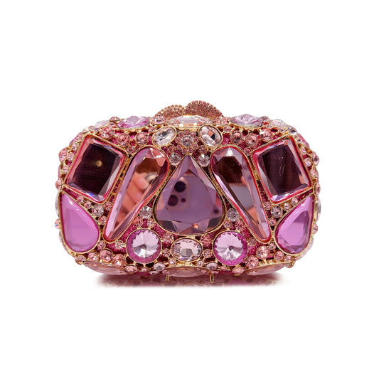Rhinestone Evening Clutch Multi Color Jeweled Wedding Bag with pink rhinestones and gems.