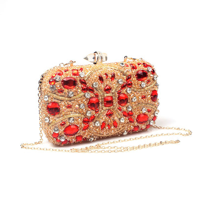 Gold Crystal Beaded Evening Clutch with red rhinestones and chain strap for wedding parties