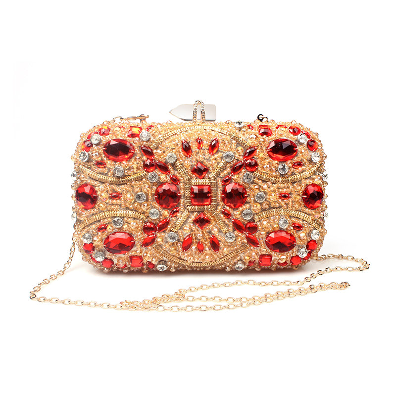 Gold Crystal Beaded Evening Clutch adorned with red jewels, perfect for weddings and parties.