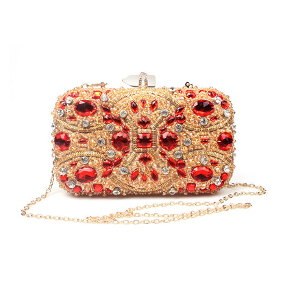 Gold Crystal Beaded Evening Clutch adorned with red jewels, perfect for weddings and parties.