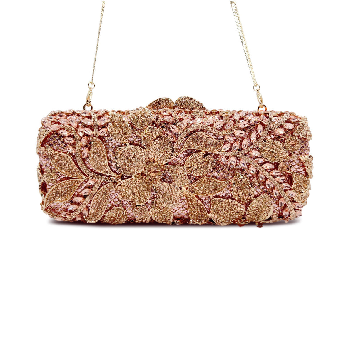Gold Rhinestone Evening Clutch with floral design and chain strap, perfect for weddings and parties.