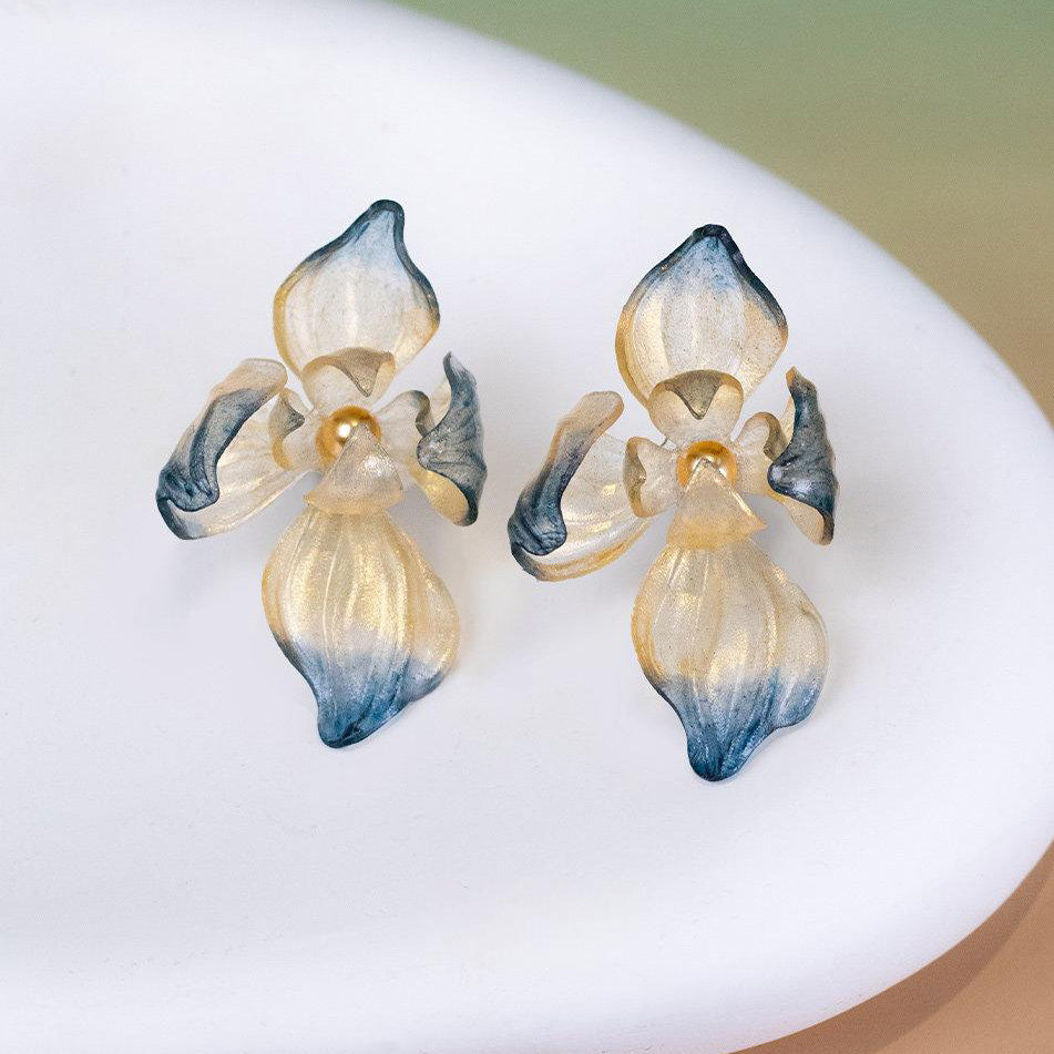 Dancing Iris Translucent Leather Flower Stud Earrings 2.4in