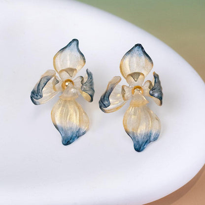 Dancing Iris Translucent Leather Flower Stud Earrings 2.4in