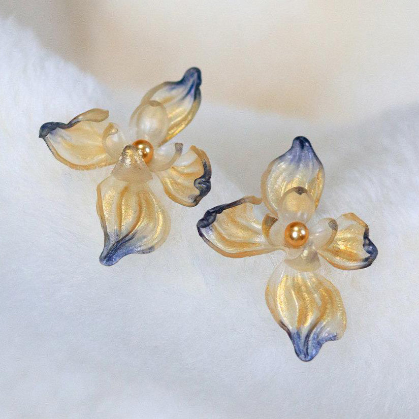 Dancing Iris Translucent Leather Flower Stud Earrings 2.4in