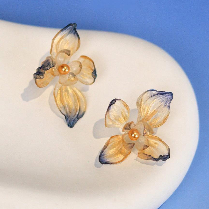Dancing Iris Translucent Leather Flower Stud Earrings 2.4in