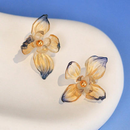 Dancing Iris Translucent Leather Flower Stud Earrings 2.4in