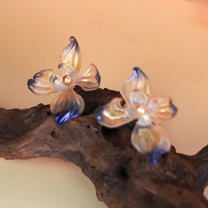 Dancing Iris Translucent Leather Flower Stud Earrings 2.4in