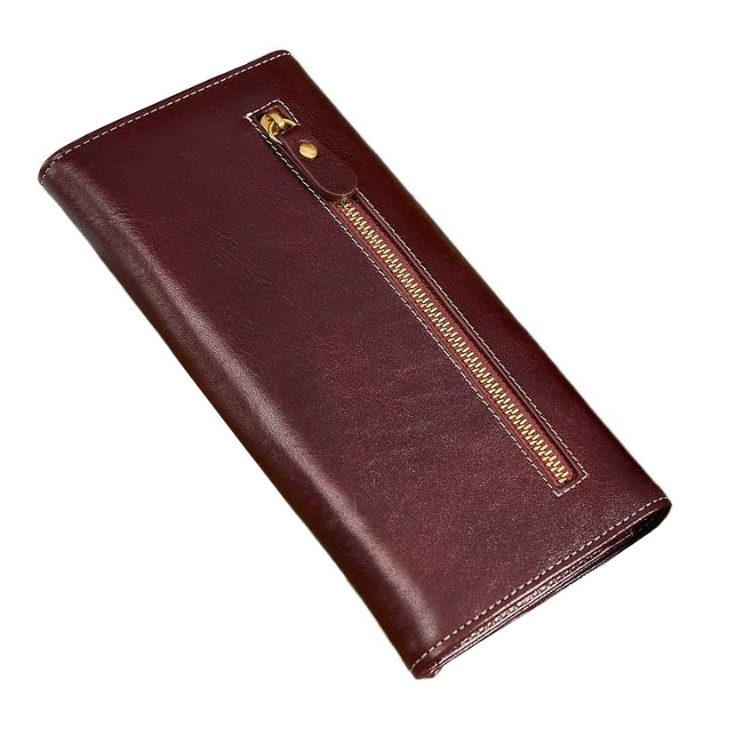 Leather Long Wallet Women Turn Lock Card Slots Phone Slot Purse in dark brown with zipper detail.