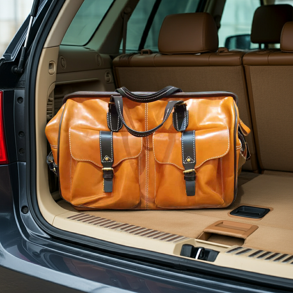 Leather Travel Bag With Wheels in the trunk of a car, showcasing its spacious design and stylish look.