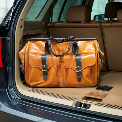 Leather Travel Bag With Wheels in the trunk of a car, showcasing its spacious design and stylish look.