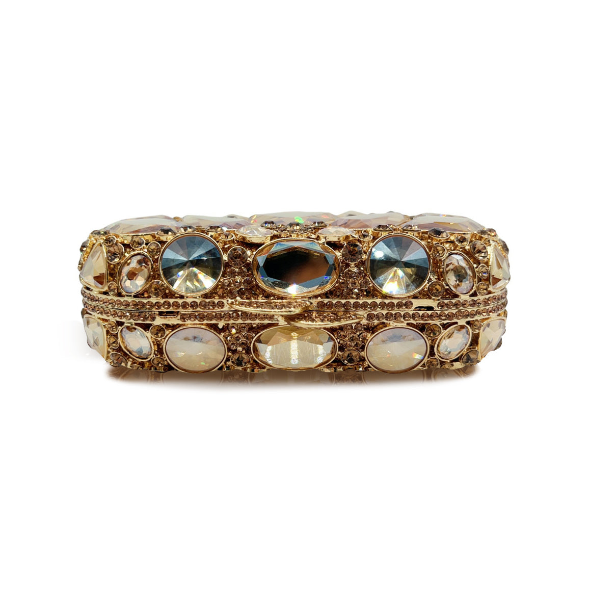 Rhinestone Evening Clutch Multi Color Jeweled Wedding Bag with intricate gems and a golden base, perfect for formal events.