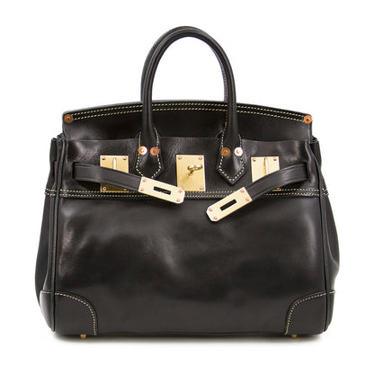 Italian Leather Large Tote 15in Classic Work Bag Shoulder in black with gold hardware and stitching details.
