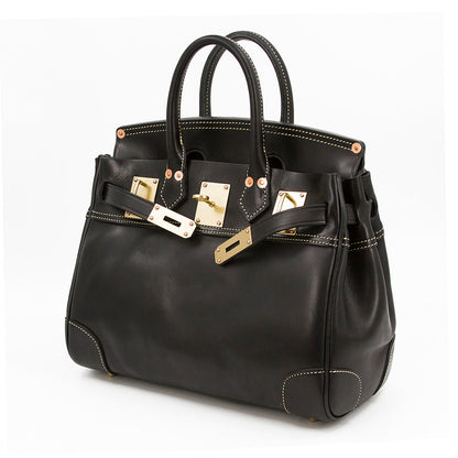Italian Leather Large Tote 15in Classic Work Bag Shoulder in black with gold accents and dual handles.