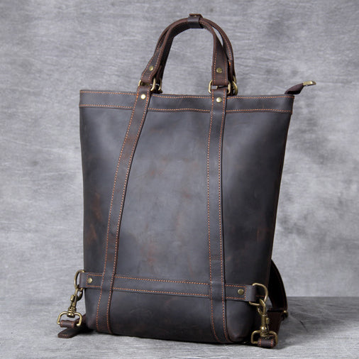 Full Grain Leather Backpack Tote 15in 3 Way Carry Laptop Bag Men in dark brown leather with sturdy handles.