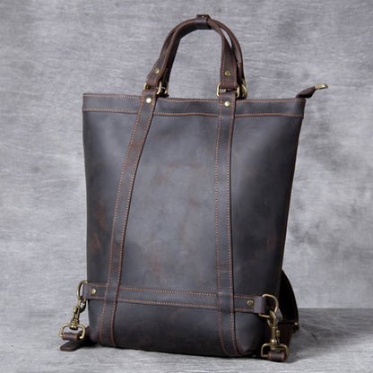 Full Grain Leather Backpack Tote 15in 3 Way Carry Laptop Bag Men in dark brown leather with sturdy handles.