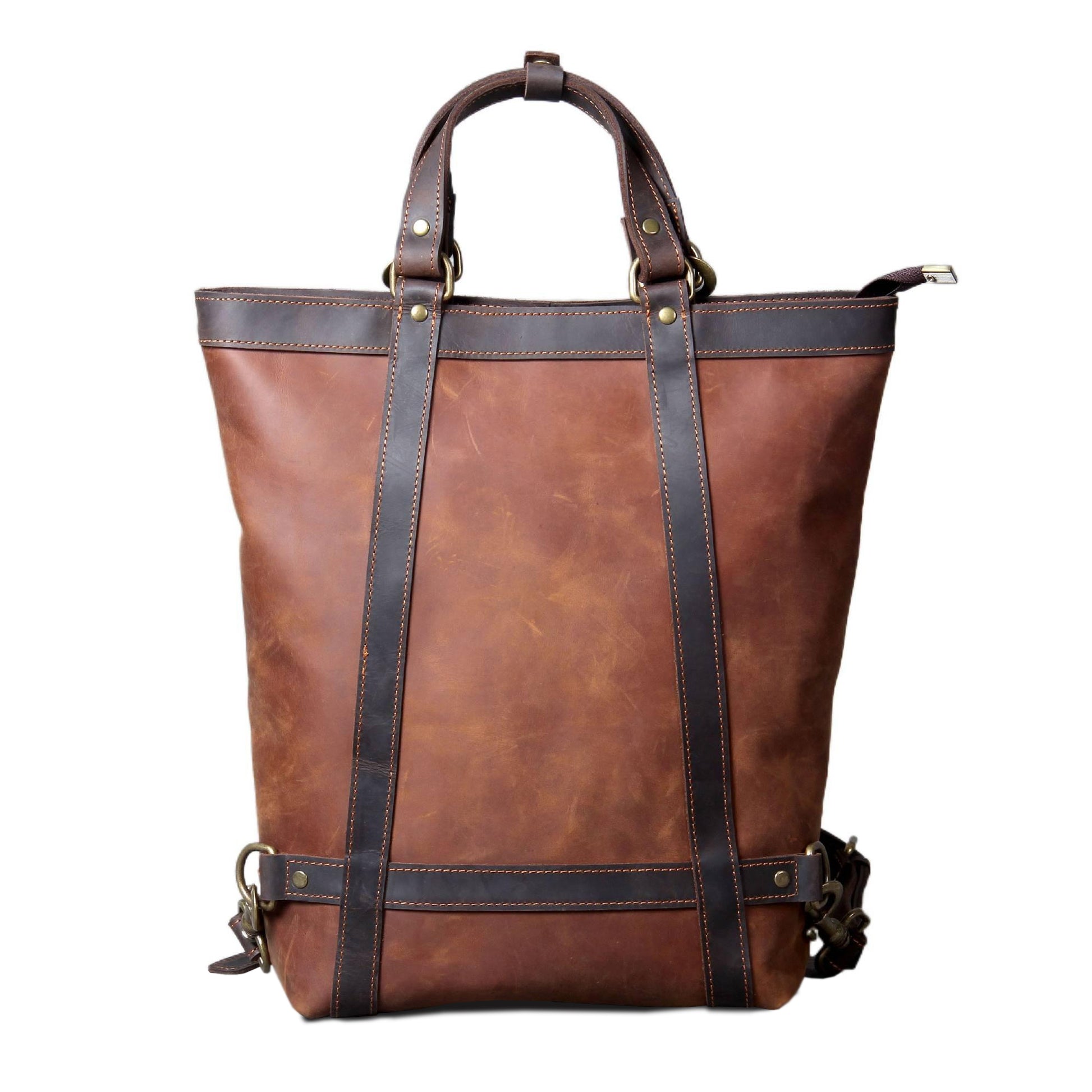 Full Grain Leather Backpack Tote 15in 3 Way Carry Laptop Bag Men in dark brown color with sturdy straps.