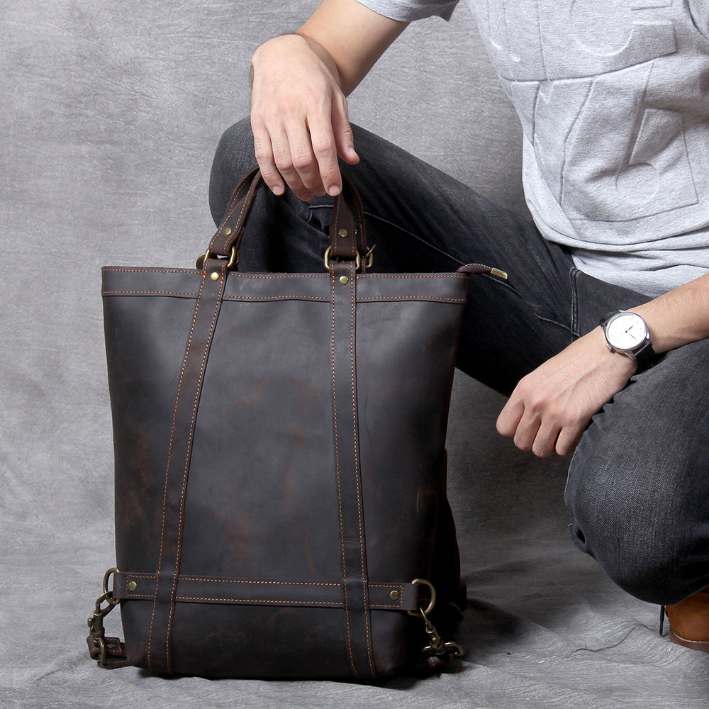 Full Grain Leather Backpack Tote 15in 3 Way Carry Laptop Bag Men shown in dark brown with adjustable straps.
