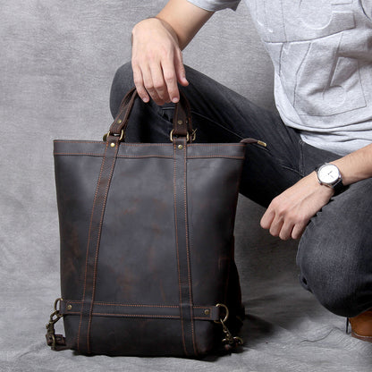 Full Grain Leather Backpack Tote 15in 3 Way Carry Laptop Bag Men shown in dark brown with adjustable straps.