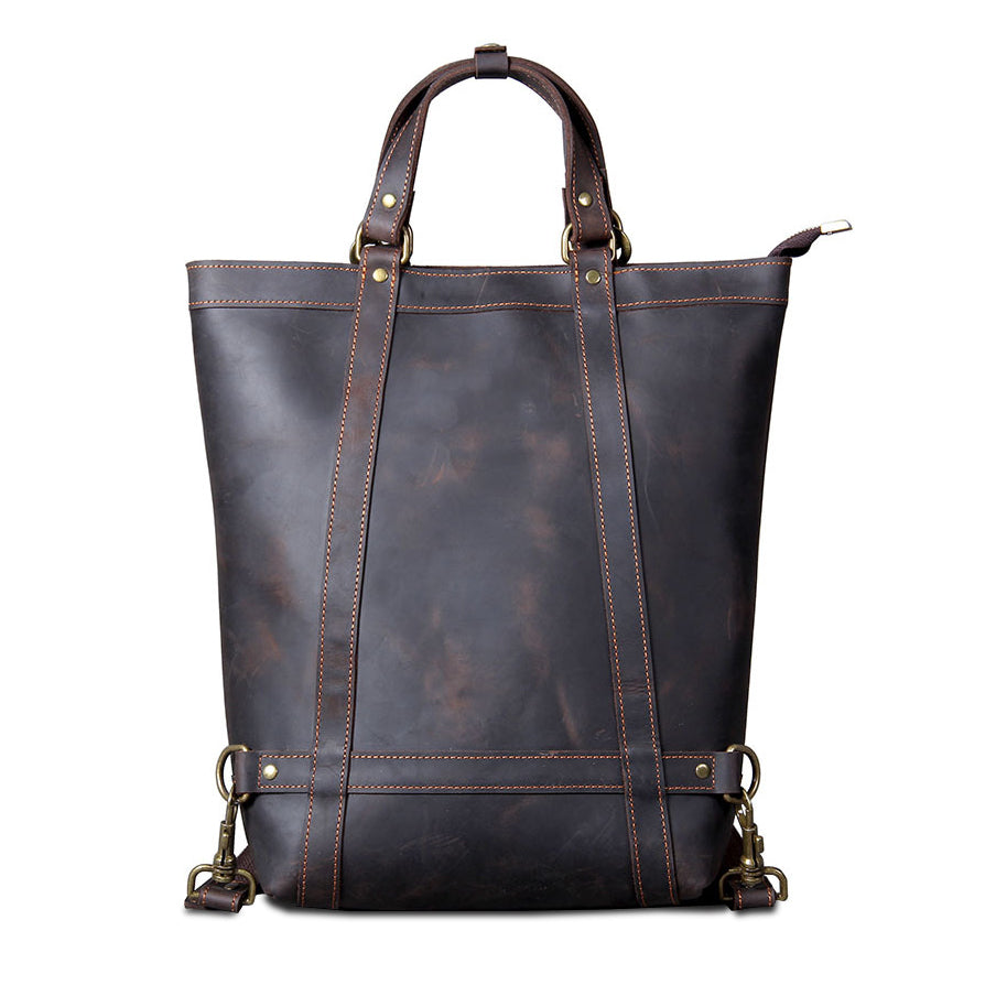 Full Grain Leather Backpack Tote 15in 3 Way Carry Laptop Bag Men in dark brown with stylish design and sturdy handles.