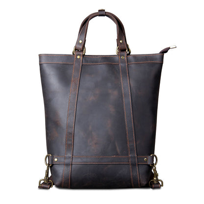 Full Grain Leather Backpack Tote 15in 3 Way Carry Laptop Bag Men in dark brown with stylish design and sturdy handles.