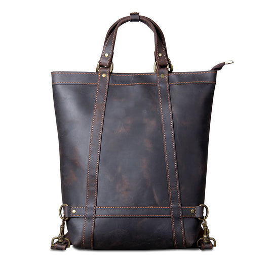 Full Grain Leather Backpack Tote 15in 3 Way Carry Laptop Bag Men in dark brown with stylish design and sturdy handles.
