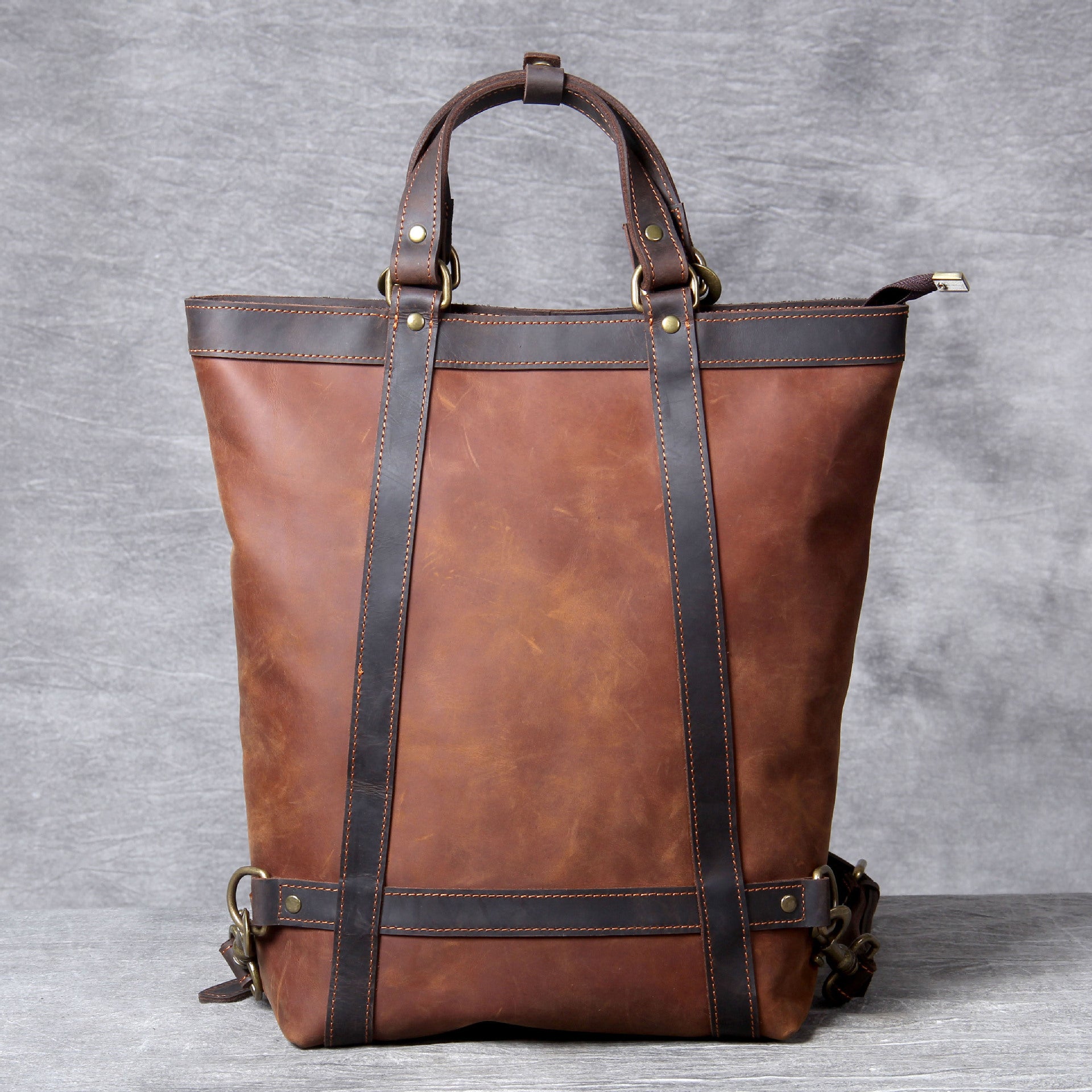 Full Grain Leather Backpack Tote 15in 3 Way Carry Laptop Bag Men in dark brown color.