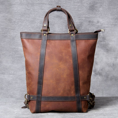 Full Grain Leather Backpack Tote 15in 3 Way Carry Laptop Bag Men in dark brown color.