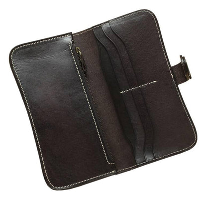 Full Grain Leather Long Wallet Hand Stitched Strap Clasp Clutch interior view with card slots and zipper pocket.