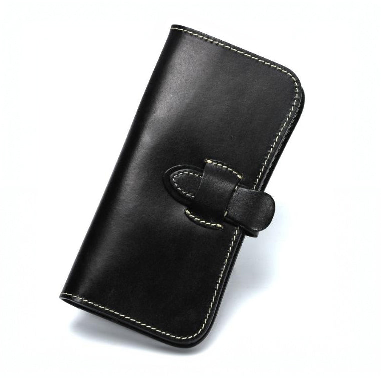 Full Grain Leather Long Wallet Hand Stitched Strap Clasp Clutch in sleek black leather.