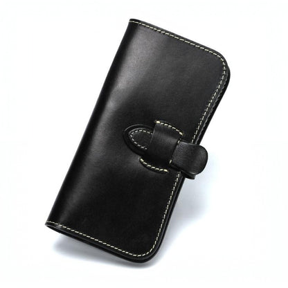 Full Grain Leather Long Wallet Hand Stitched Strap Clasp Clutch in sleek black leather.