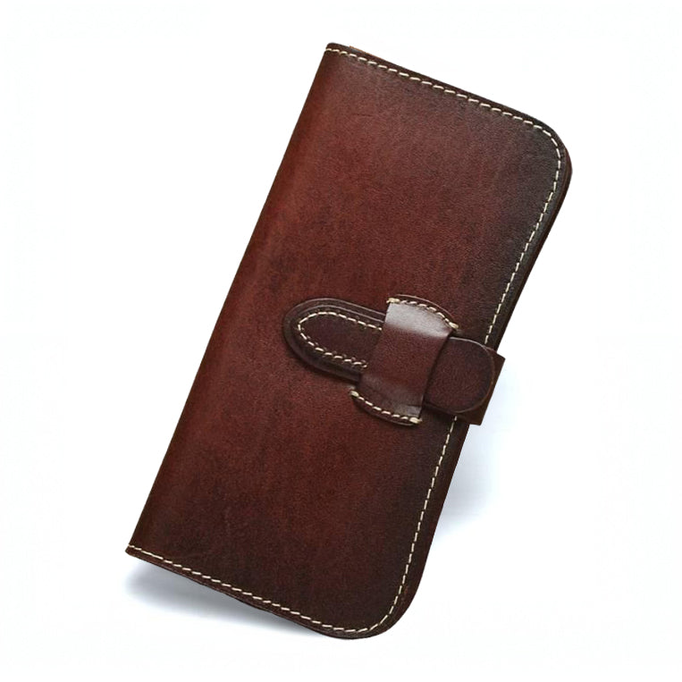 Full Grain Leather Long Wallet Hand Stitched Strap Clasp Clutch in dark brown color with elegant design.
