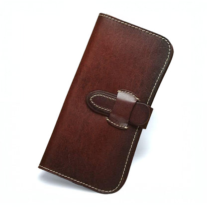 Full Grain Leather Long Wallet Hand Stitched Strap Clasp Clutch in dark brown color with elegant design.