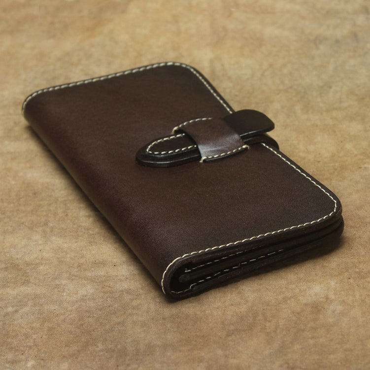 Full Grain Leather Long Wallet Hand Stitched Strap Clasp Clutch in dark brown with meticulous stitching.