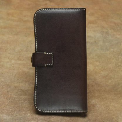 Full Grain Leather Long Wallet Hand Stitched Strap Clasp Clutch in dark brown with a sleek design.