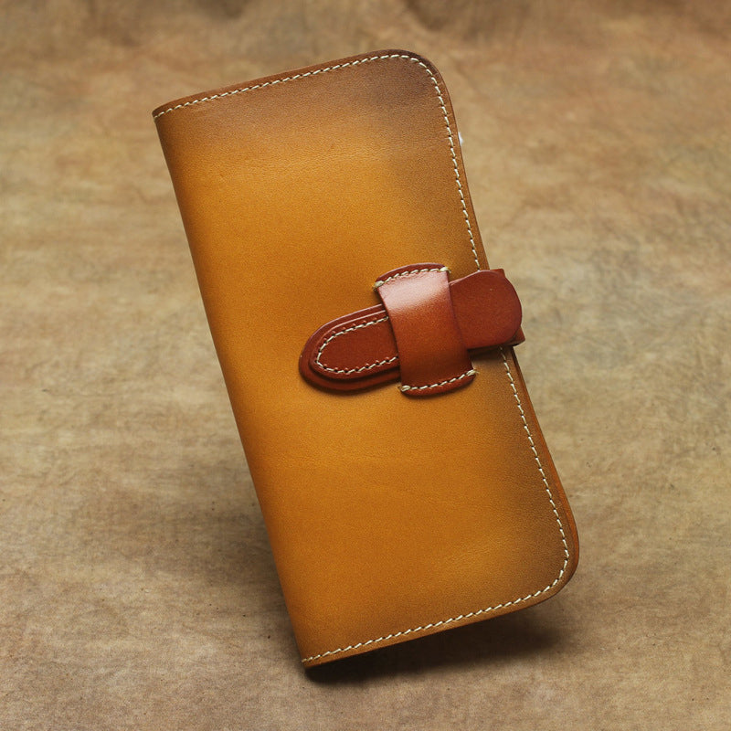 Full Grain Leather Long Wallet Hand Stitched Strap Clasp Clutch in light brown color with leather clasp.