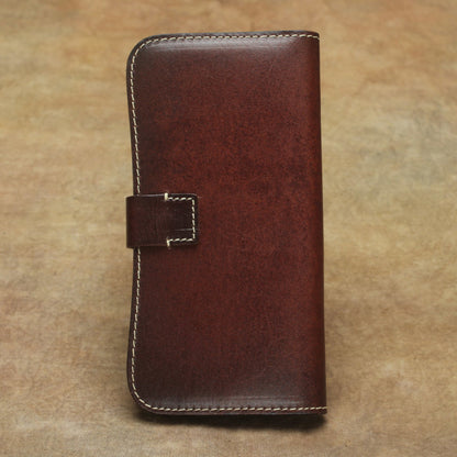 Full Grain Leather Long Wallet Hand Stitched Strap Clasp Clutch in rich brown color.