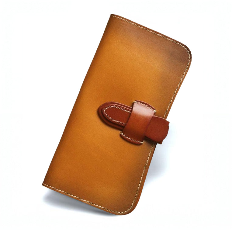 Full Grain Leather Long Wallet Hand Stitched Strap Clasp Clutch in tan color with a stylish clasp.