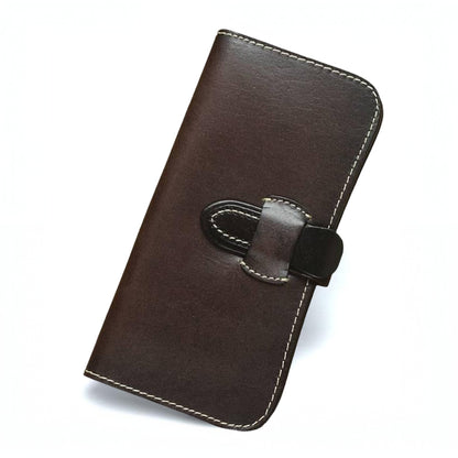 Full Grain Leather Long Wallet Hand Stitched Strap Clasp Clutch in dark brown with stylish clasp.