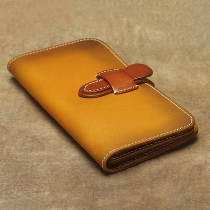Full Grain Leather Long Wallet Hand Stitched Strap Clasp Clutch in yellow brown with stylish clasp detail.
