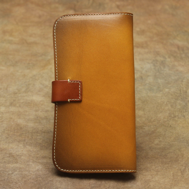 Full Grain Leather Long Wallet Hand Stitched Strap Clasp Clutch in honey brown color with clasp closure.