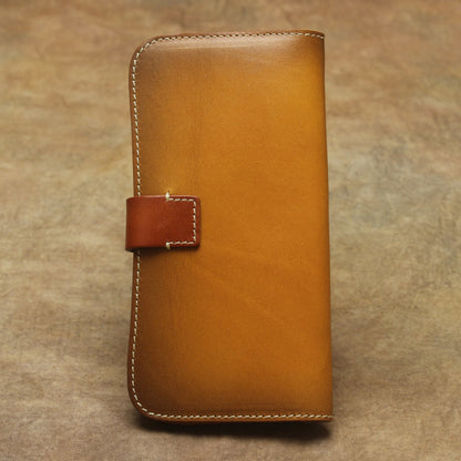 Full Grain Leather Long Wallet Hand Stitched Strap Clasp Clutch in honey brown color with clasp closure.